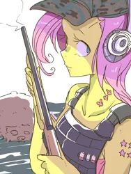 Size: 600x800 | Tagged: alternative cutie mark placement, ambiguous facial structure, anthro, artist:tsukusun, bulletproof vest, death, derpibooru import, fluttershy, grimdark, gun, harry, hat, looking at you, pixiv, shotgun, weapon