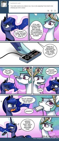 Size: 600x1424 | Tagged: safe, artist:johnjoseco, derpibooru import, princess celestia, princess luna, pony, ask gaming princess luna, comic, controller, nintendo controller, nintendo entertainment system, nom, silly, silly pony, tumblr