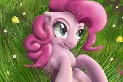 Size: 1500x1000 | Tagged: artist:discordriderr34, cute, derpibooru import, floppy ears, flower, grass, on back, pinkie pie, safe, smiling, solo