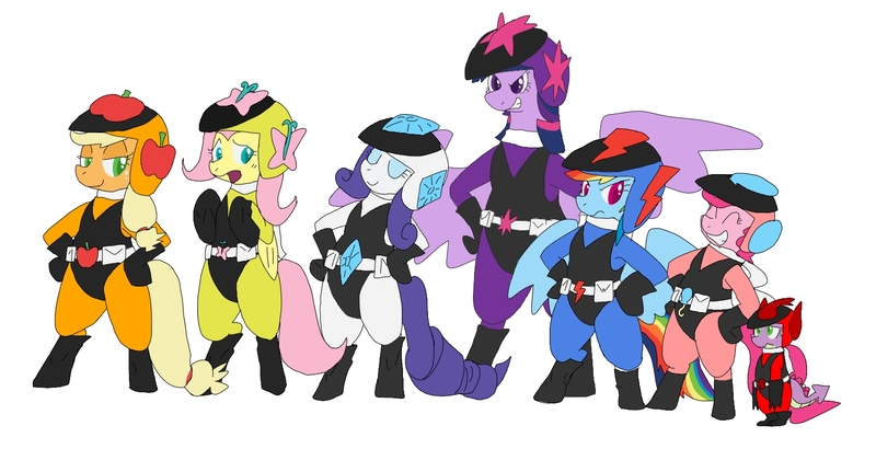 Size: 1500x768 | Tagged: safe, artist:kushina13, derpibooru import, applejack, fluttershy, pinkie pie, rainbow dash, rarity, spike, twilight sparkle, twilight sparkle (alicorn), alicorn, pony, clothes, crossover, female, height difference, leotard, mane seven, mane six, mare, ninja captor, older, pixiv, super sentai