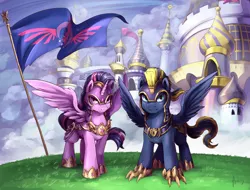 Size: 2831x2149 | Tagged: safe, artist:audrarius, derpibooru import, twilight sparkle, twilight sparkle (alicorn), oc, oc:zephyr, alicorn, pony, armor, canterlot, female, flag, helmet, mare, royal guard, twiphyr