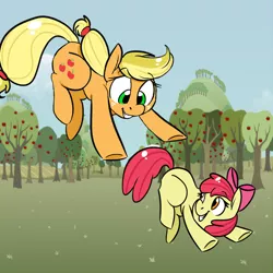 Size: 800x800 | Tagged: apple, apple bloom, applejack, artist:tokipeach, derpibooru import, jumping, playing, safe, sweet apple acres, tree