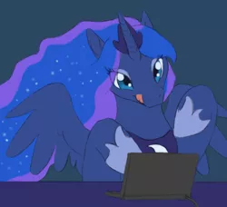 Size: 510x465 | Tagged: safe, derpibooru import, princess luna, alicorn, pony, ask dark goddess luna, ask, computer, cute, eye clipping through hair, female, hoof shoes, keyboard, laptop computer, lunabetes, mare, peytral, solo, spread wings, tongue out, tumblr, typing, wings