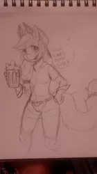 Size: 719x1280 | Tagged: alcohol, anthro, applejack, artist:krispykakes, cider, derpibooru import, monochrome, safe, solo, traditional art