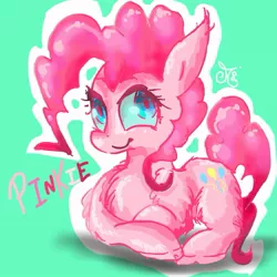 Size: 609x609 | Tagged: safe, artist:chibiwendy, derpibooru import, pinkie pie, earth pony, pony, female, looking up, mare, outline, prone, signature, smiling, solo