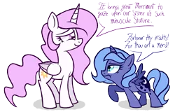 Size: 1620x1040 | Tagged: angry, artist:wildberry-poptart, cewestia, cute, derpibooru import, dialogue, filly, frown, insult, princess celestia, princess luna, raised hoof, safe, scrunchy face, sibling rivalry, smiling, sophisticated as hell, speech bubble, woona, ye olde english, younger