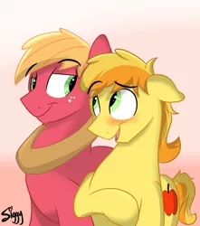 Size: 3972x4496 | Tagged: safe, artist:siggyderp, derpibooru import, big macintosh, braeburn, earth pony, pony, blushing, braemac, cute, gay, incest, male, shipping, stallion, style emulation