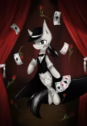 Size: 758x1089 | Tagged: safe, artist:ninjapony, derpibooru import, oc, oc:ace sleeves, unofficial characters only, bowtie, card, commission, curtains, fedora, hat, magic, magic show, magic trick, playing card, rose, solo, stage, tattoo, waistcoat