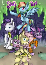 Size: 800x1131 | Tagged: artist:moenkin, cosplay, crossover, daphne blake, derpibooru import, fluttershy, forest, fred jones, glasses, goo, night, poster, rainbow dash, rarity, safe, scared, scooby doo, shaggy rogers, spike, twilight sparkle, velma dinkley