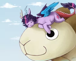 Size: 1000x800 | Tagged: artist:xarakayx, crossover, derpibooru import, discord sparkle, draconequified, going merry, one piece, safe, sheep, species swap, tddts, twikonequus, twilight sparkle