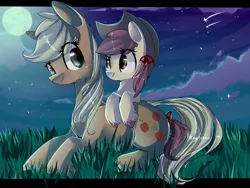 Size: 4000x3000 | Tagged: dead source, safe, artist:bonbrony, derpibooru import, apple bloom, applejack, earth pony, pony, accessory swap, bow, colored hooves, duo, female, filly, full moon, grass, hair bow, looking at each other, loose hair, lying down, lying on top of someone, mare, moon, night, outdoors, prone, shooting star, siblings, sisters, smiling, starry night, tail bow, unshorn fetlocks