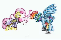 Size: 3872x2592 | Tagged: safe, artist:bibmob, derpibooru import, fluttershy, rainbow dash, chains, clothes, crying, traditional art