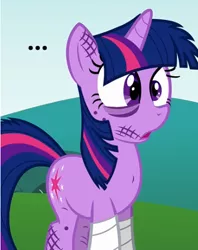 Size: 395x498 | Tagged: ..., confused, cropped, derpibooru import, edit, edited screencap, feeling pinkie keen, image macro, injured, meme, messy mane, reaction image, safe, screencap, solo, twilight sparkle