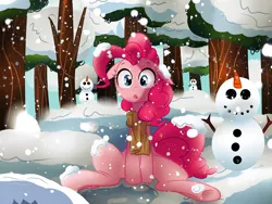 Size: 2666x2000 | Tagged: safe, artist:umeguru, artist:vocalmaker, derpibooru import, pinkie pie, earth pony, pony, clothes, female, happy new year, mare, merry christmas, open mouth, scarf, sitting, snow, snowfall, snowman, solo, winter