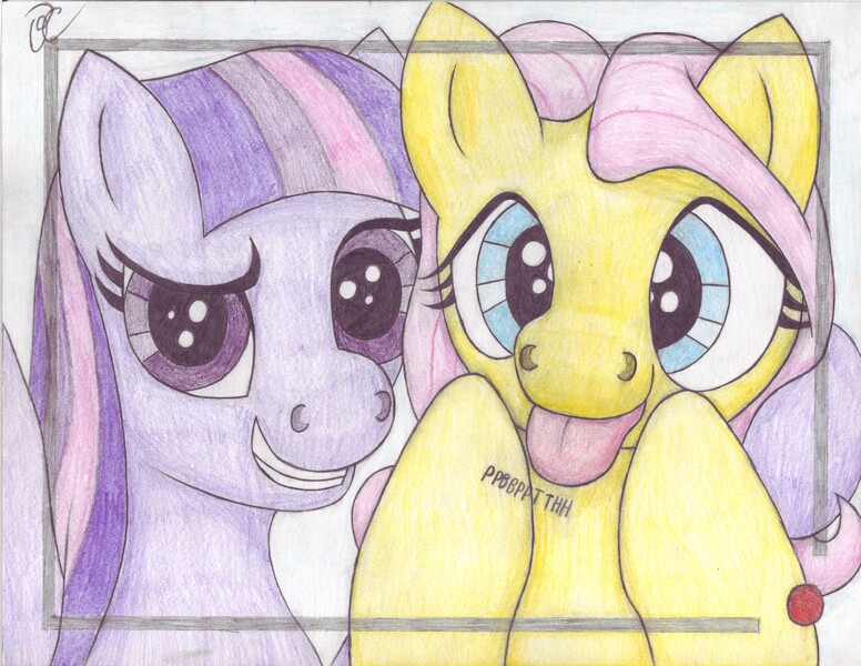 Size: 6599x5102 | Tagged: safe, artist:bluepianta, derpibooru import, fluttershy, twilight sparkle, twilight sparkle (alicorn), alicorn, pony, absurd resolution, close-up, cute, derp, female, mare, selfie, traditional art