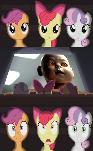 Size: 2000x3225 | Tagged: apple bloom, baby, commercial, cutie mark crusaders, derpibooru import, exploitable meme, meme, nightmare fuel, obligatory pony, playstation 3, safe, scary, scootaloo, sweetie belle