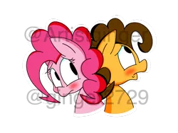 Size: 1024x768 | Tagged: safe, artist:artistginger, derpibooru import, cheese sandwich, pinkie pie, pony, back to back, blushing, bust, cheesepie, crush, female, looking away, male, shipping, simple background, straight, transparent background