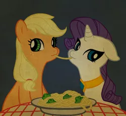 Size: 650x600 | Tagged: safe, artist:callmefjord, derpibooru import, applejack, rarity, broccoli, cute, female, floppy ears, herbivore, jackabetes, lady and the tramp, lesbian, necklace, raribetes, rarijack, shipping, spaghetti, spaghetti scene