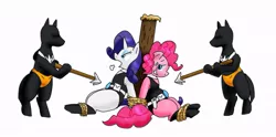 Size: 898x445 | Tagged: safe, artist:kushina13, derpibooru import, pinkie pie, rarity, earth pony, pony, unicorn, bipedal, bondage, bondage furniture, bondage post, female, mare, ninja captor, peril, pixiv, rope, threatening