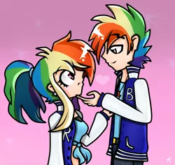 Size: 1800x1700 | Tagged: artist:kikirdcz, clothes, dashblitz, derpibooru import, female, human, humanized, jacket, letterman jacket, male, rainbow blitz, rainbow dash, rule 63, safe, selfcest, self ponidox, shipping, straight