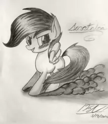 Size: 695x792 | Tagged: artist:pelate, derpibooru import, monochrome, safe, scootaloo, solo, traditional art