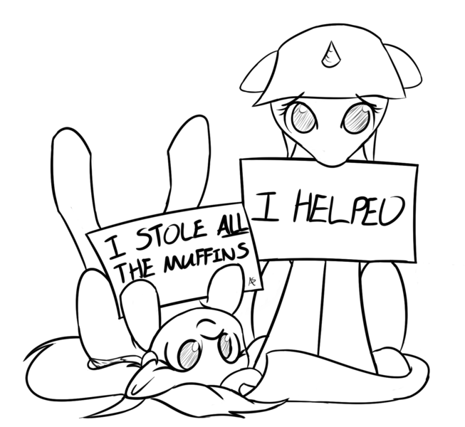 Size: 1613x1481 | Tagged: safe, artist:adamscage, derpibooru import, derpy hooves, twilight sparkle, pegasus, pony, female, legs in air, mare, monochrome, on back, pony shaming, sign, smiling