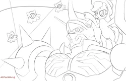 Size: 1073x690 | Tagged: applejack, artist:mauakron, crossover, derpibooru import, digimon, kuramon, lineart, monochrome, omegamon, omnimon, safe