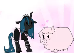 Size: 4881x3529 | Tagged: safe, artist:meowing-ghost, derpibooru import, queen chrysalis, oc, oc:fluffle puff, canon x oc, chrysipuff, clothes, female, lesbian, maid, shipping