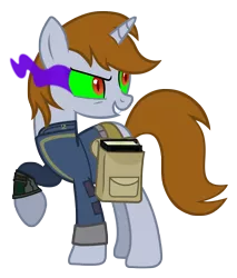 Size: 3244x3809 | Tagged: safe, artist:aborrozakale, derpibooru import, oc, oc:littlepip, unofficial characters only, pony, unicorn, fallout equestria, fanfic, book, clothes, corrupted, dark magic, fallout, fanfic art, female, hooves, horn, magic, mare, pipbuck, possessed, saddle bag, simple background, smiling, solo, sombra eyes, teeth, transparent background, vault suit