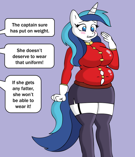 Size: 3000x3500 | Tagged: anthro, artist:lordstormcaller, belly, blushing, breasts, busty gleaming shield, chubby, derpibooru import, fat, female, gleaming shield, muffin top, need to go on a diet, need to lose weight, rule 63, safe, shining armor, shining blubber, solo, tight clothing, too fat, weight gain