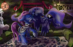 Size: 1024x659 | Tagged: safe, artist:starletnightwind, derpibooru import, princess luna, oc, oc:azure night, azuna, canon x oc, japanese garden, kanji, kissing, lamp, night, shipping