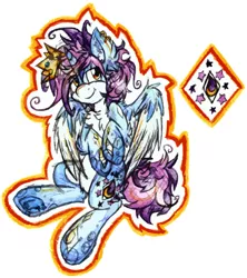 Size: 1194x1344 | Tagged: safe, artist:iroxykun, derpibooru import, oc, oc:tidal wave, unofficial characters only, alicorn, pony, colored wings, crown, cutie mark, horn, male, multicolored hair, pale belly, prince, solo, stallion, traditional art, wings