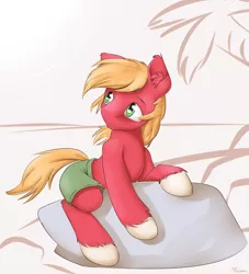 Size: 1500x1650 | Tagged: safe, artist:alasou, deleted from derpibooru, derpibooru import, big macintosh, earth pony, pony, clothes, cute, macabetes, male, rock, shorts, solo, stallion, topless