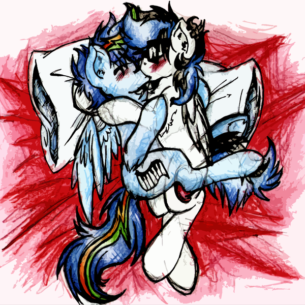 Size: 1320x1319 | Tagged: safe, artist:iroxykun, derpibooru import, oc, oc:frozen soul, oc:secret chord, unofficial characters only, pegasus, pony, bed, cutie mark, eyes closed, gay, kissing, male, pillow, stallion, traditional art, wings