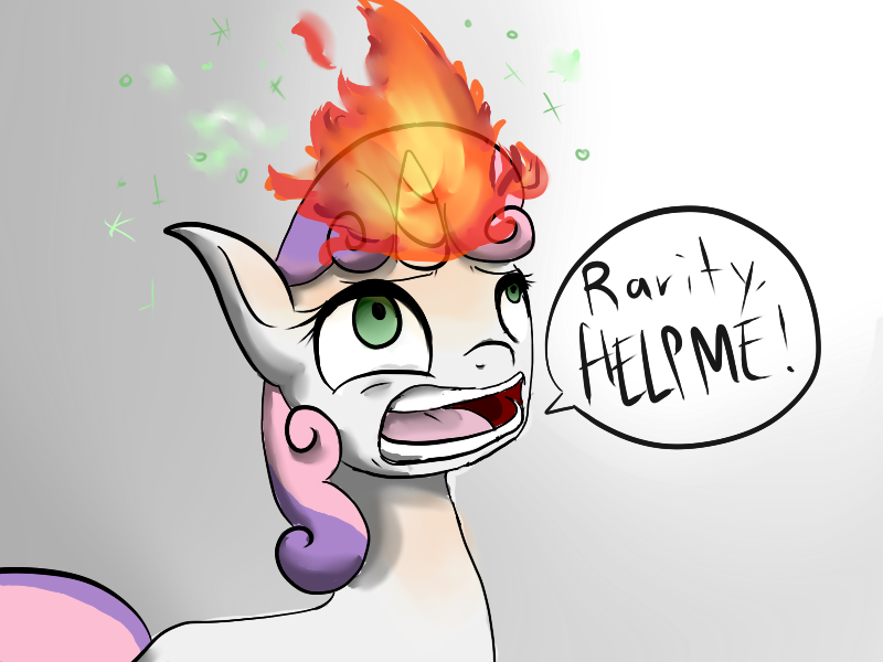 Size: 800x600 | Tagged: artist:pegasistercake, derpibooru import, dialogue, fire, magic, on fire, pyro belle, safe, solo, sweetie belle, sweetie fail, this will end in fire