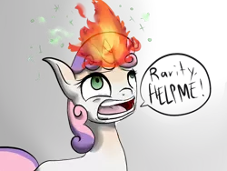 Size: 800x600 | Tagged: artist:pegasistercake, derpibooru import, dialogue, fire, magic, on fire, pyro belle, safe, solo, sweetie belle, sweetie fail, this will end in fire