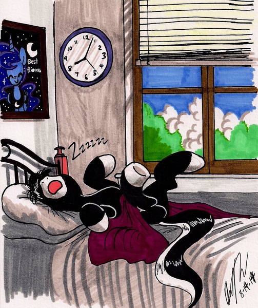 Size: 1116x1330 | Tagged: safe, artist:newyorkx3, derpibooru import, princess luna, oc, oc:tommy junior, pony, bed, blinds, clock, cloud, colt, foal, image, indoors, jpeg, male, on back, open mouth, sleeping, solo, traditional art, window, zzz