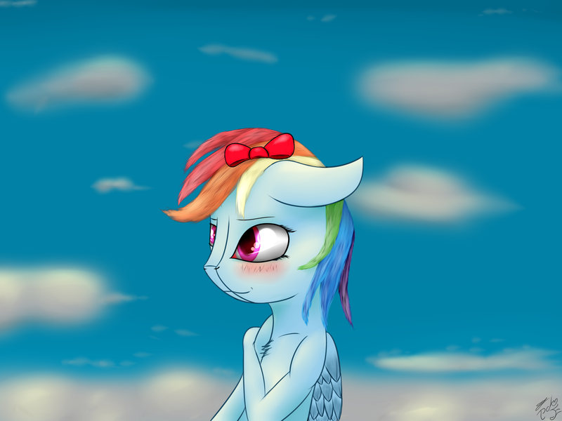 Size: 1600x1200 | Tagged: safe, artist:deviousfate, derpibooru import, rainbow dash, blushing, bow, cloud, cloudy, cute, sky, solo