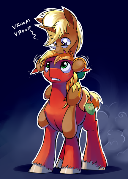 Size: 1636x2276 | Tagged: safe, artist:gsphere, derpibooru import, big macintosh, trenderhoof, pony, confused, cute, floppy ears, funny, gay, glasses, gritted teeth, hoof hold, male, open mouth, ponies riding ponies, raised eyebrow, riding, shipping, silly, silly pony, smiling, trendermac, unshorn fetlocks, vroom vroom