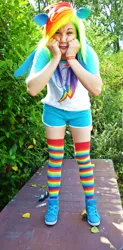 Size: 1797x3666 | Tagged: artist:stunt-sheep, clothes, cosplay, derpibooru import, human, irl, irl human, photo, rainbow dash, rainbow socks, safe, socks, solo, striped socks