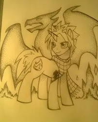 Size: 505x624 | Tagged: safe, artist:dragonataxia, derpibooru import, ponified, dracony, dragon, pony, unicorn, clothes, fairy tail, fire, monochrome, natsu dragneel, scarf, smiling, smirk, solo, traditional art