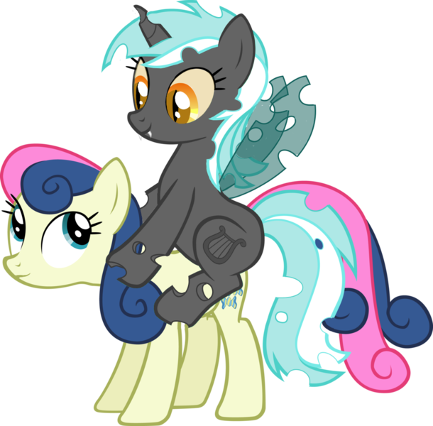 Size: 1041x1024 | Tagged: safe, derpibooru import, edit, bon bon, lyra heartstrings, sweetie drops, changeling, changelingified, changelings riding ponies, corrupted, female, lesbian, lyrabon, ponies riding ponies, shipping, simple background, species swap, transparent background, vector