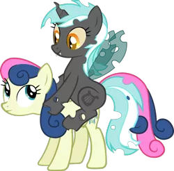 Size: 1041x1024 | Tagged: safe, derpibooru import, edit, bon bon, lyra heartstrings, sweetie drops, changeling, changelingified, changelings riding ponies, corrupted, female, lesbian, lyrabon, ponies riding ponies, shipping, simple background, species swap, transparent background, vector