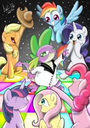 Size: 850x1198 | Tagged: applejack, artist:chocolatechilla, derpibooru import, fluttershy, mane six, pinkie pie, rainbow dash, rarity, safe, saturday night fever, spike, spike gets all the mares, twilight sparkle