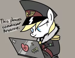 Size: 768x600 | Tagged: artist:randy, blonde, clothes, commissar, computer, derpibooru import, female, heart, laptop computer, nazi, oc, oc:aryanne, officer, pleased, ponyssar, safe, smiling, solo, swastika, team captain, technology, uniform, unofficial characters only, war, warhammer 40k, warhammer (game)