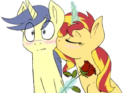 Size: 1024x768 | Tagged: safe, artist:hansuoddie, derpibooru import, comet tail, sunset shimmer, pony, unicorn, cometshimmer, flower, kissing, magic, shipping