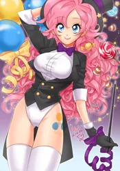 Size: 1000x1429 | Tagged: artist:kairean, balloon, bowtie, breasts, busty pinkie pie, candy, clothes, cute, cutie mark, dapper, derpibooru import, diapinkes, female, gloves, hat, human, humanized, leotard, light skin, magician, magician outfit, magic wand, panties, peckish pony, photoshop, pinkie pie, rhythm is magic, ribbon, shirt, socks, solo, solo female, suggestive, thigh gap, thigh highs, thighs, top hat, underass, underwear, wand