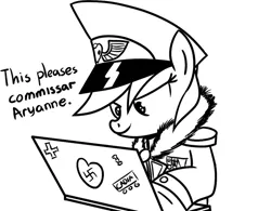 Size: 768x600 | Tagged: artist needed, black and white, blonde, clothes, commissar, computer, derpibooru import, female, grayscale, heart, laptop computer, monochrome, nazi, oc, oc:aryanne, officer, pleased, ponyssar, safe, sketch, smiling, solo, swastika, team captain, technology, uniform, unofficial characters only, war, warhammer 40k, warhammer (game)