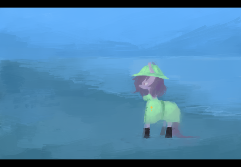 Size: 800x553 | Tagged: dead source, safe, artist:berrydrops, derpibooru import, oc, oc:pocket, unofficial characters only, earth pony, pony, beach, clothes, female, hat, mare, raincoat, solo, water