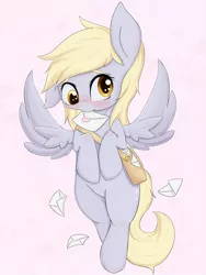 Size: 1125x1500 | Tagged: safe, artist:zokkili, derpibooru import, derpy hooves, pegasus, pony, blushing, female, flying, heart, image, jpeg, letter, mail, mailbag, mare, mouth hold, pink background, simple background, solo